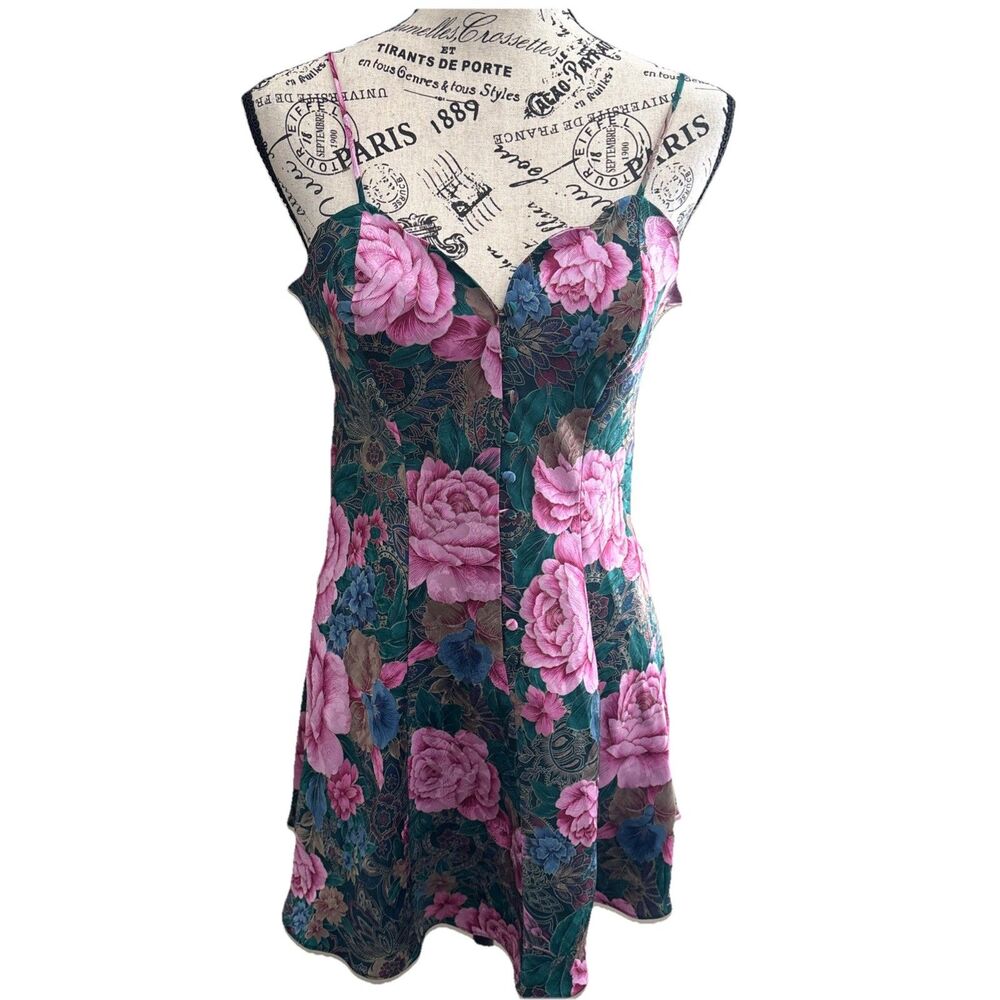 Victoria Secrets Retro Floral Cami Small Slip Dress Teal Bold Sexy Slinky Baddie